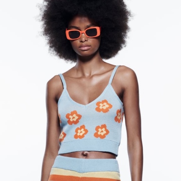 Zara Floral Jacquard Knit Crop Top size Large - Picture 1 of 6